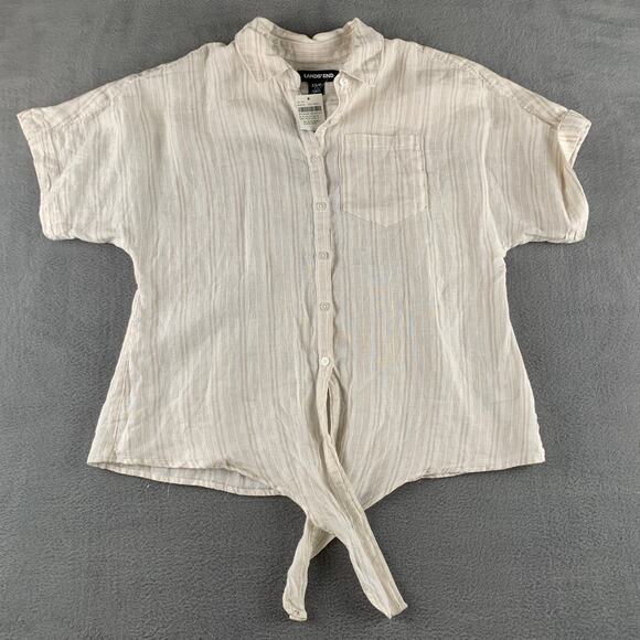 Lands’ End Linen Tie Front Shirt Soft Neutral Striped Coastal Boho Sustainable - Picture 1 of 7